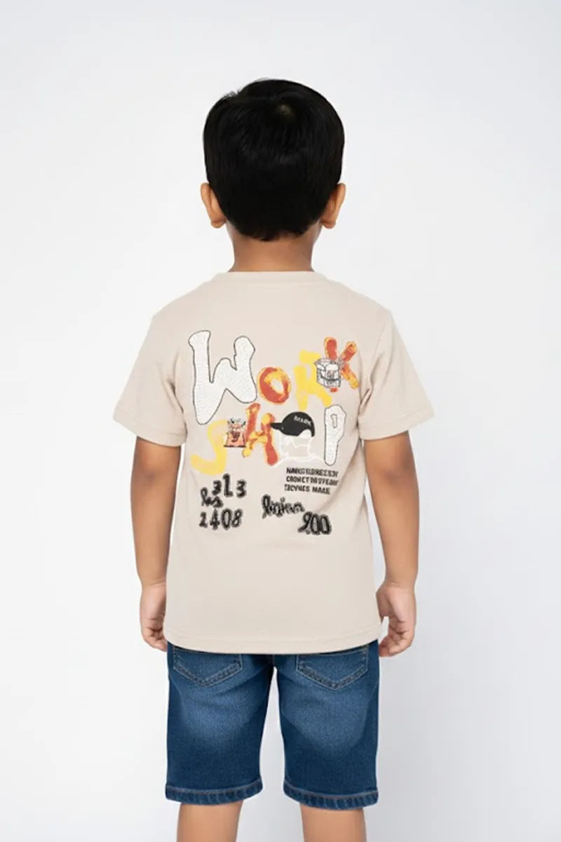 Boy's Cotton Blend Printed T-Shirt - Beige - View 2