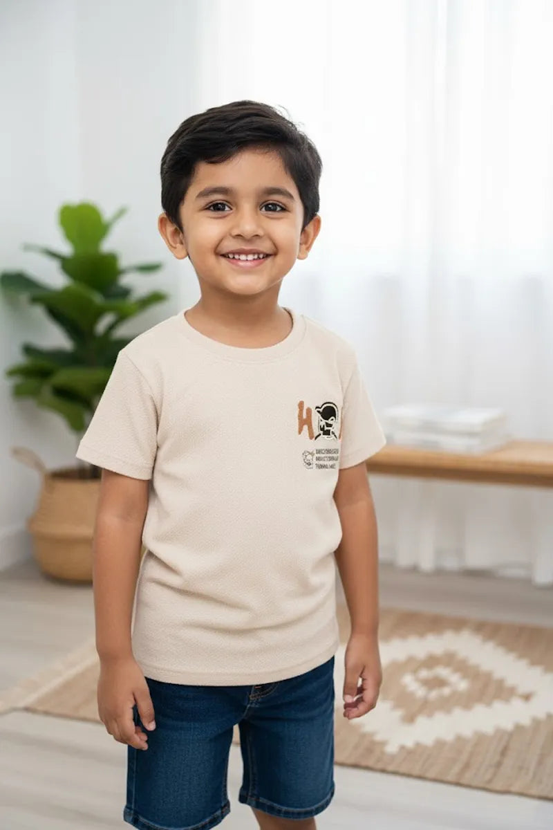 Boy's Cotton Blend Printed T-Shirt - Beige - View 3