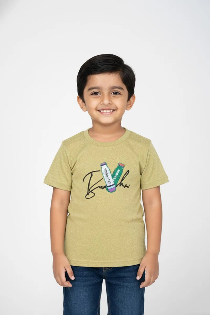 Boy's Cotton Blend Printed T-Shirt - Olive - View 1