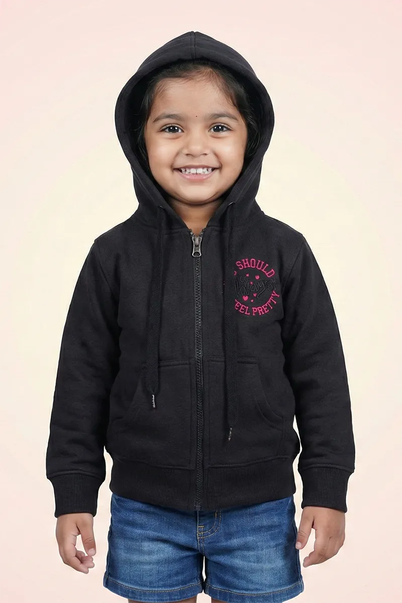 Cotton Blend Solid Casual Hoodie for Girls - Black - View 1