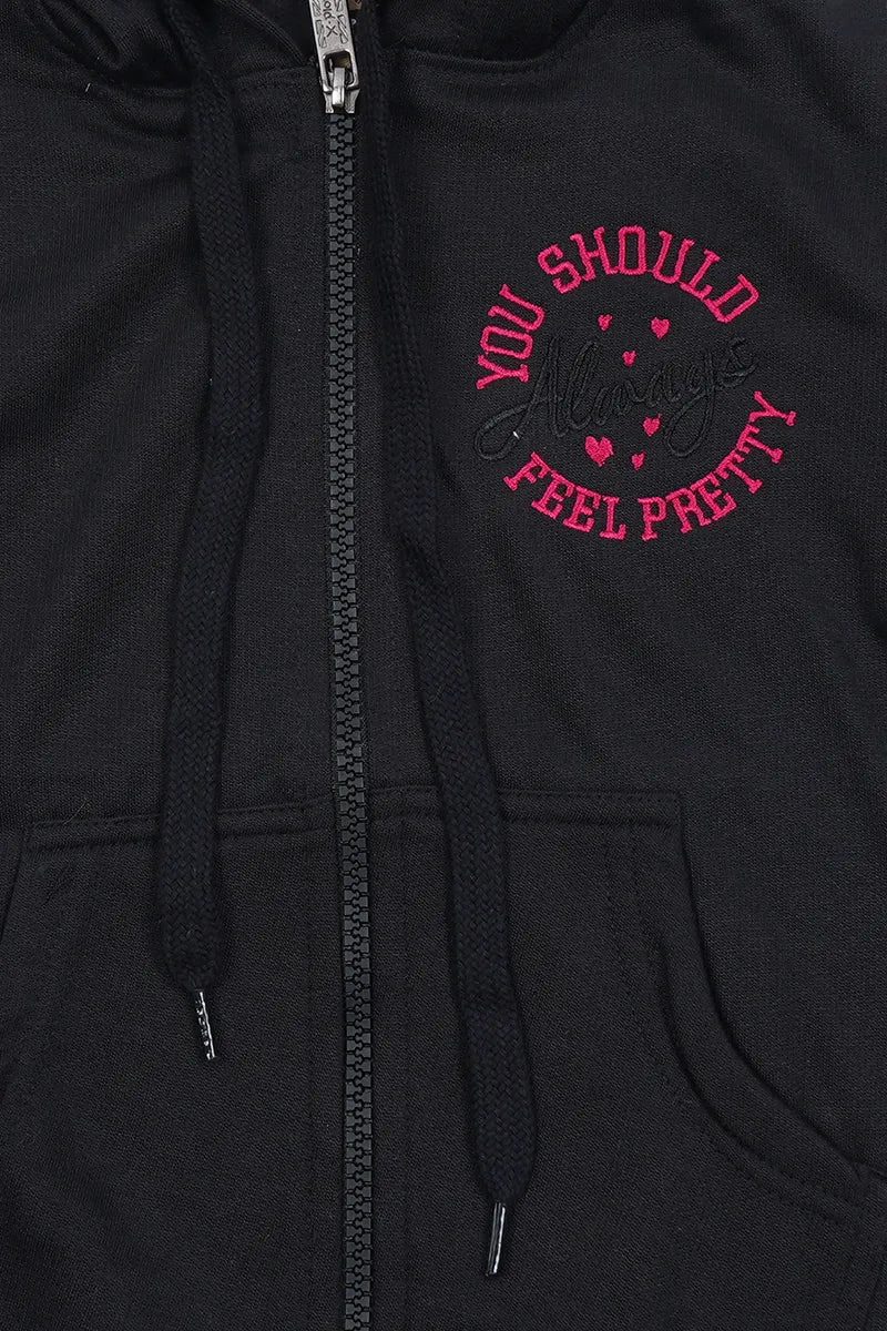 Cotton Blend Solid Casual Hoodie for Girls - Black - View 4