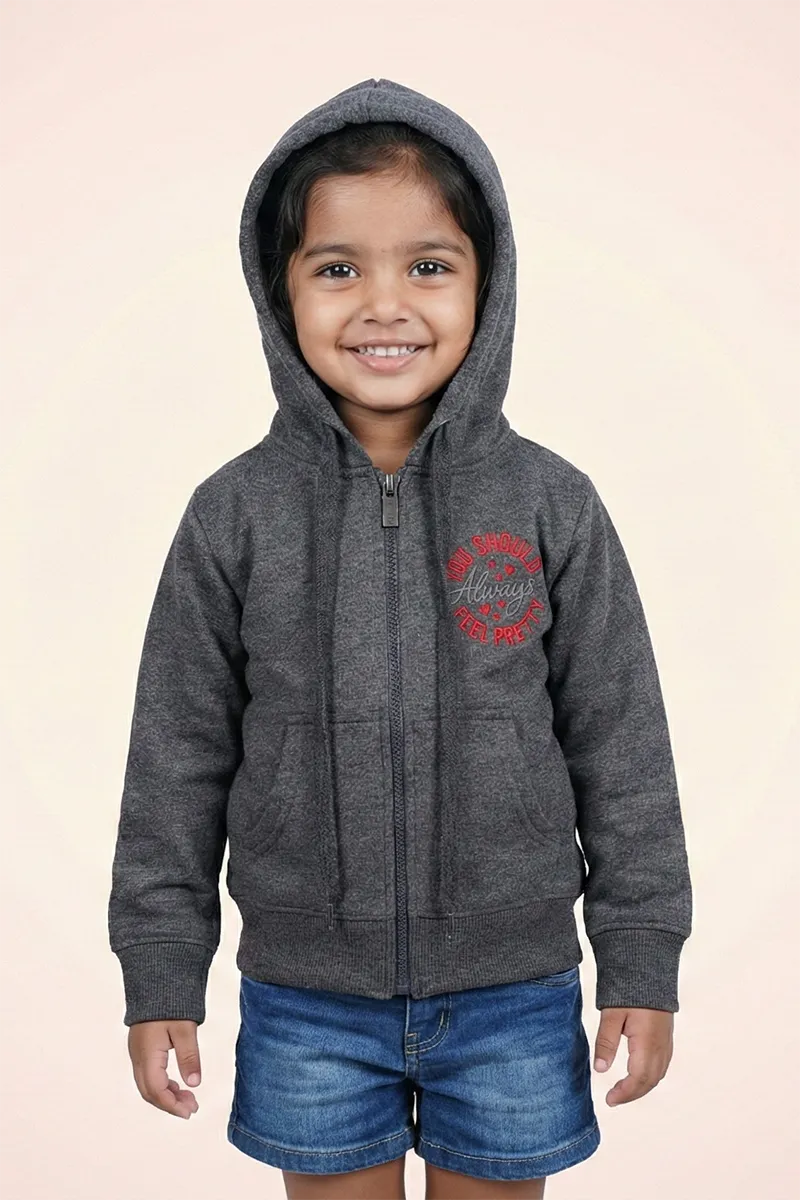 Cotton Blend Solid Casual Hoodie for Girls - Dark Grey - View 5