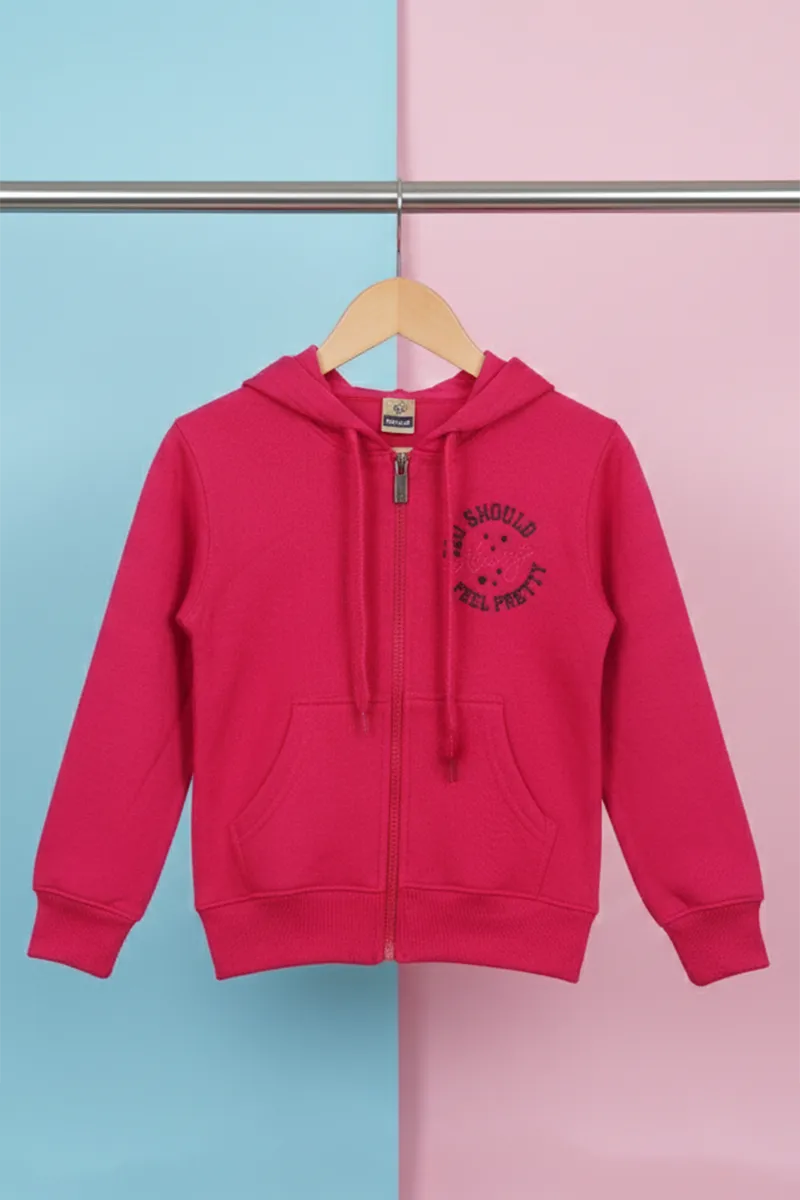 Cotton Blend Solid Casual Hoodie for Girls - Deep Pink - View 10