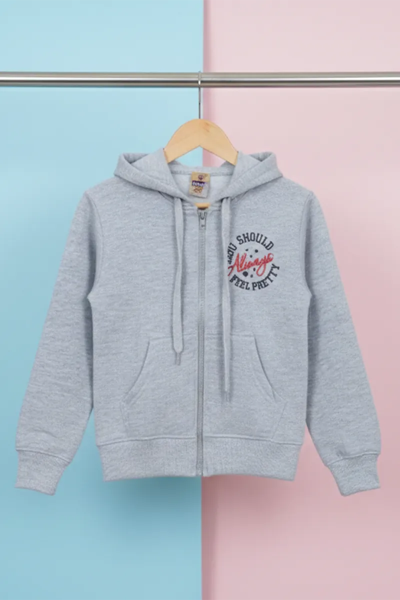 Cotton Blend Solid Casual Hoodie for Girls - Grey - View 13