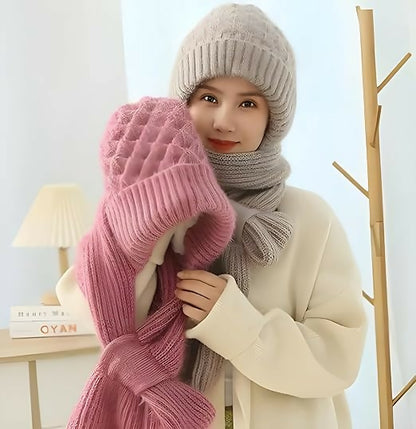 2-in-1 Woolen Winter Cap with Attached Muffler for Women & Girls Stylish Knitted Beanie Scarf Combo Multicolour