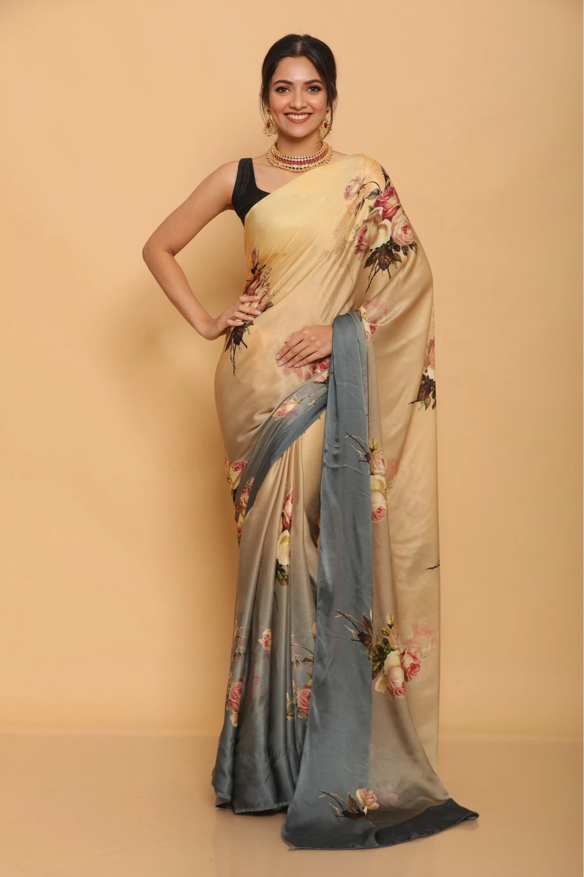 Floral Printed Heavy Satin Sarees With Plain Blouse