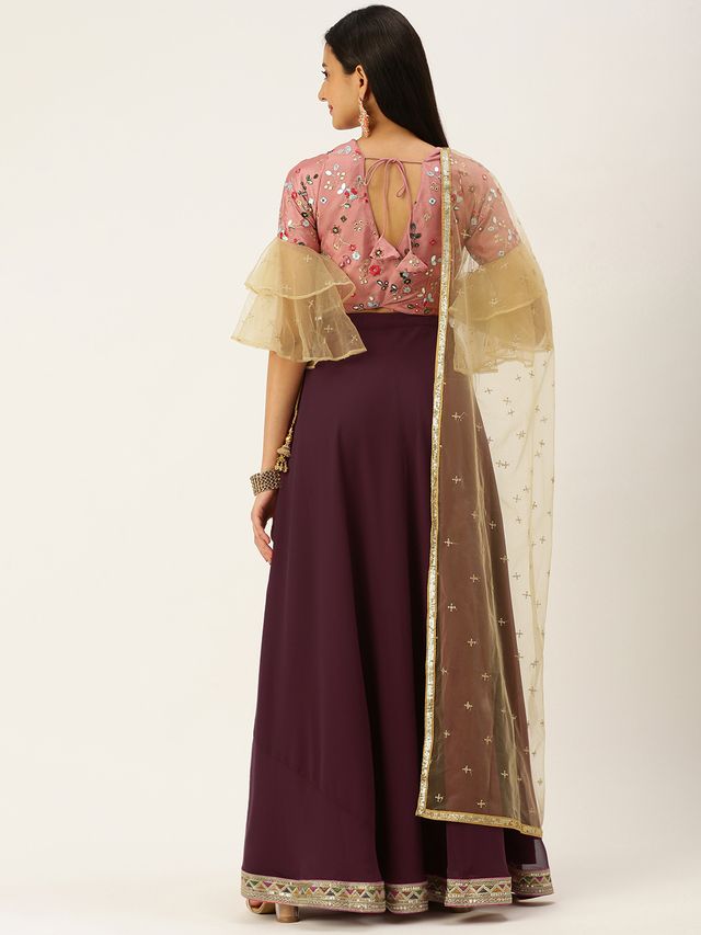 Bollywood Vogue Ready To Wear Wine Viscose Embroidered Pink Lehenga