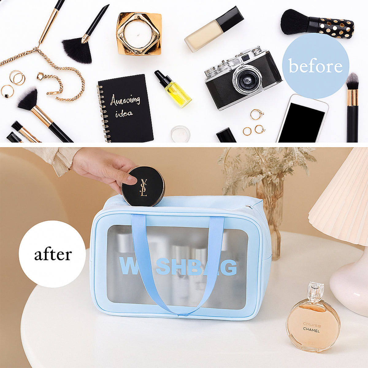3-Piece Waterproof Transparent Travel Toiletry Bag Set ofMultipurpose Zippered Washbag Organizer Kit with Handle of Portable Makeup Pouch
