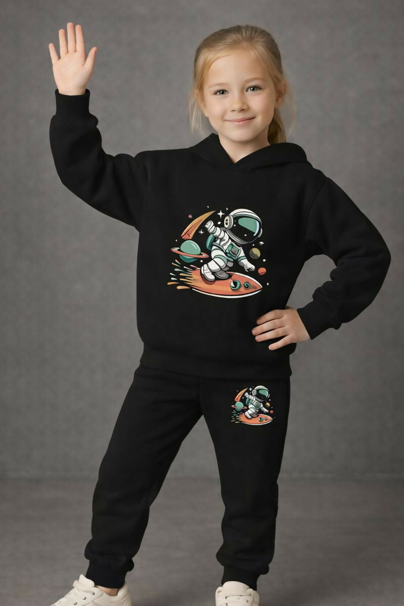 Girls' Black Cotton Blend Hoodie & Jogger Set – Surfing Astronaut in Space Galaxy Design (Ages 0-7 Years) Luck Fashion