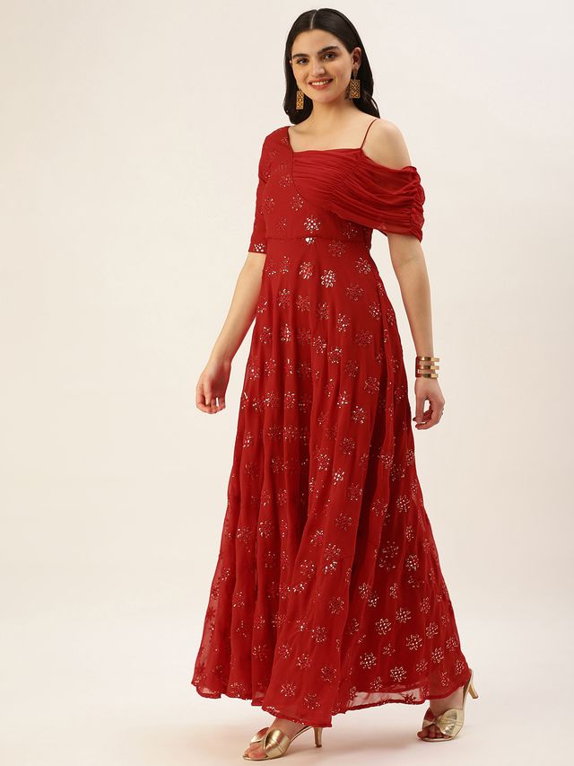 Bollywood Vogue Ready To Wear Red Georgette Embroidered One Shoulder Style Gown
