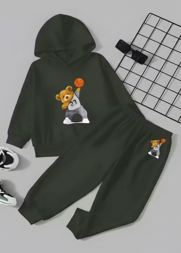 Kids Hooded Sweatshirt & Jogger Set – Basketball Bear Print Casual Wear (Green) Luck Fashion