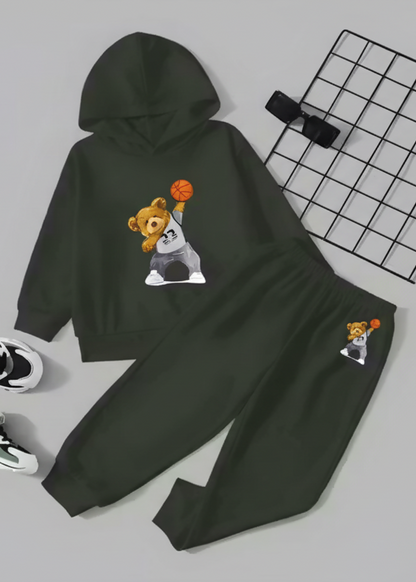 Kids Hooded Sweatshirt & Jogger Set – Basketball Bear Print Casual Wear (Green) Luck Fashion
