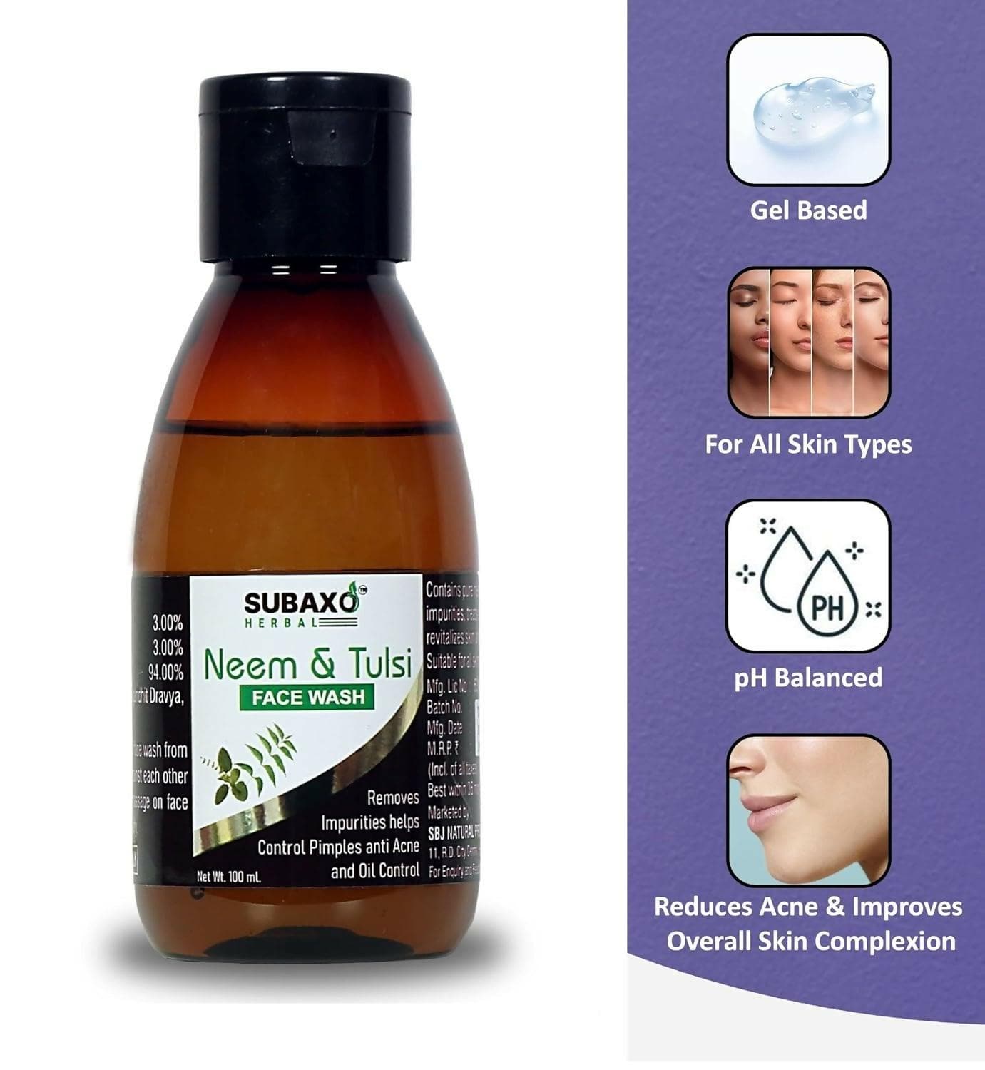 SUBAXO Neem & Tulsi Herbal Face Wash, Controls Pimples & Acne (100ml, Pack of 2) - HalfPe