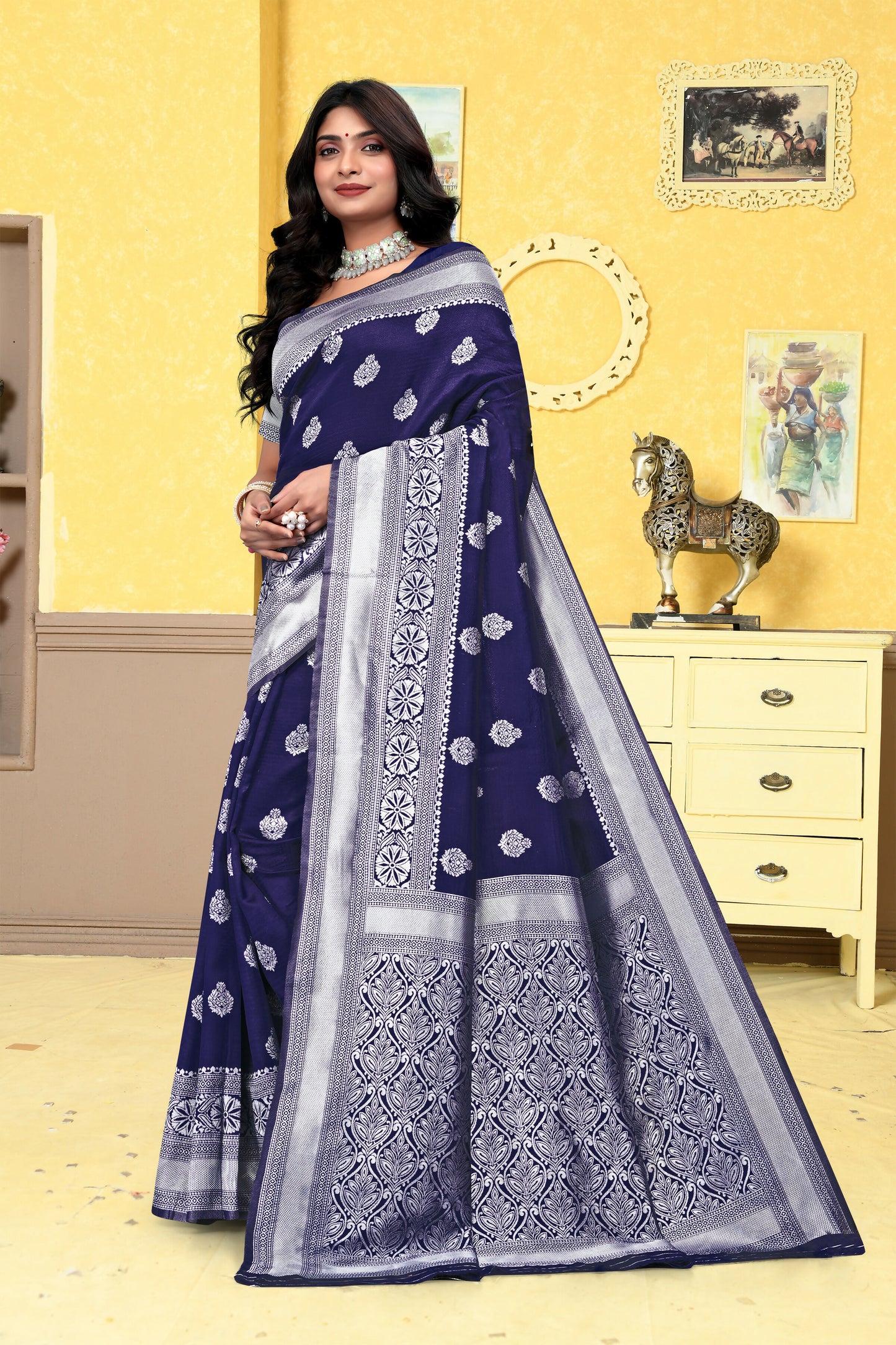 AXONIT Banarasi Silk Saree for Women with Silver Zari Work for Wedding Wear