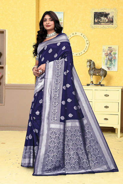 AXONIT Banarasi Silk Saree for Women with Silver Zari Work for Wedding Wear
