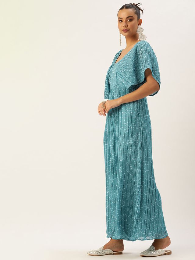 Bollywood Vogue Ready To Wear Blue N White Printed Pleated Georgette Jumpsuit