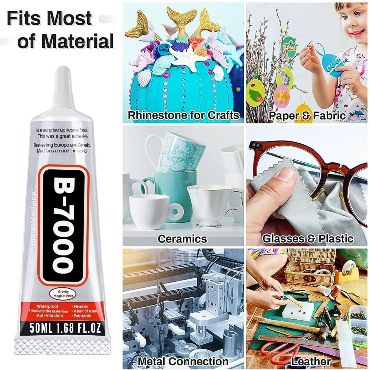 B7000 (50ML/1.68) fl.oz Multi-Purpose Glue - Strong Adhesive for Mobile Phones, Shoes, Jewelry, Clothes, Beads, Glass, Stones, Aari Work, Crafts, DIY Repairs - Bonds Fabric, Metal, Wood, and Plastic (Pack of 2)