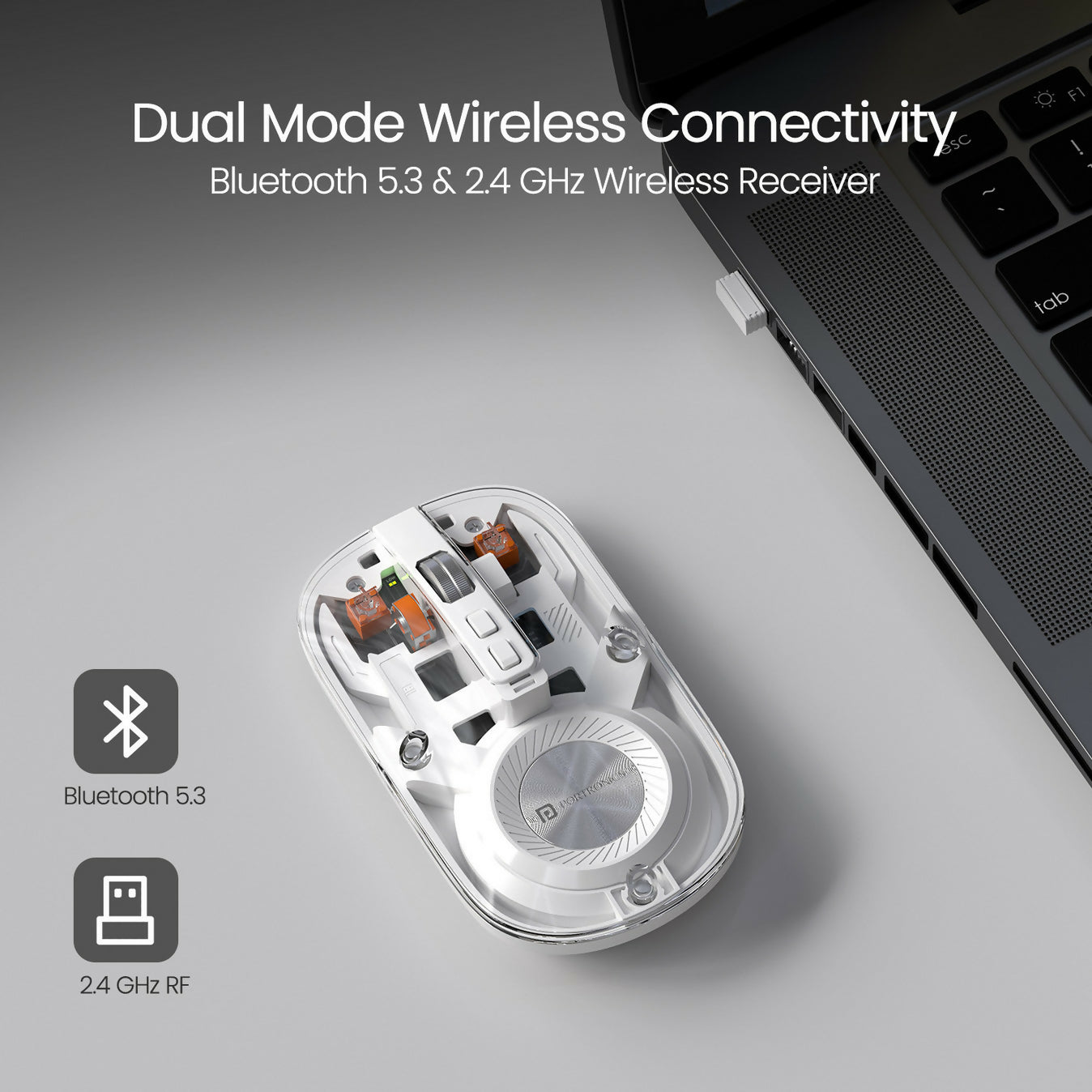 Portronics Toad 8 Ambidextrous Optical Mouse Transparent, Rechargeable, Silent (2.4GHz Wireless, Bluetooth, White)