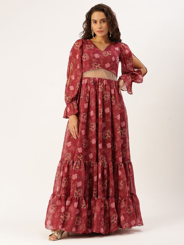 Bollywood Vogue Ready To Wear Wine Georgette Printed Gown