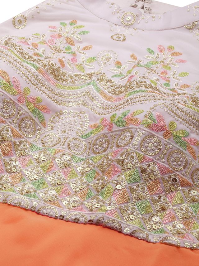 Bollywood Vogue Ready To Wear White Embroidered N Light Peach Layered Gown