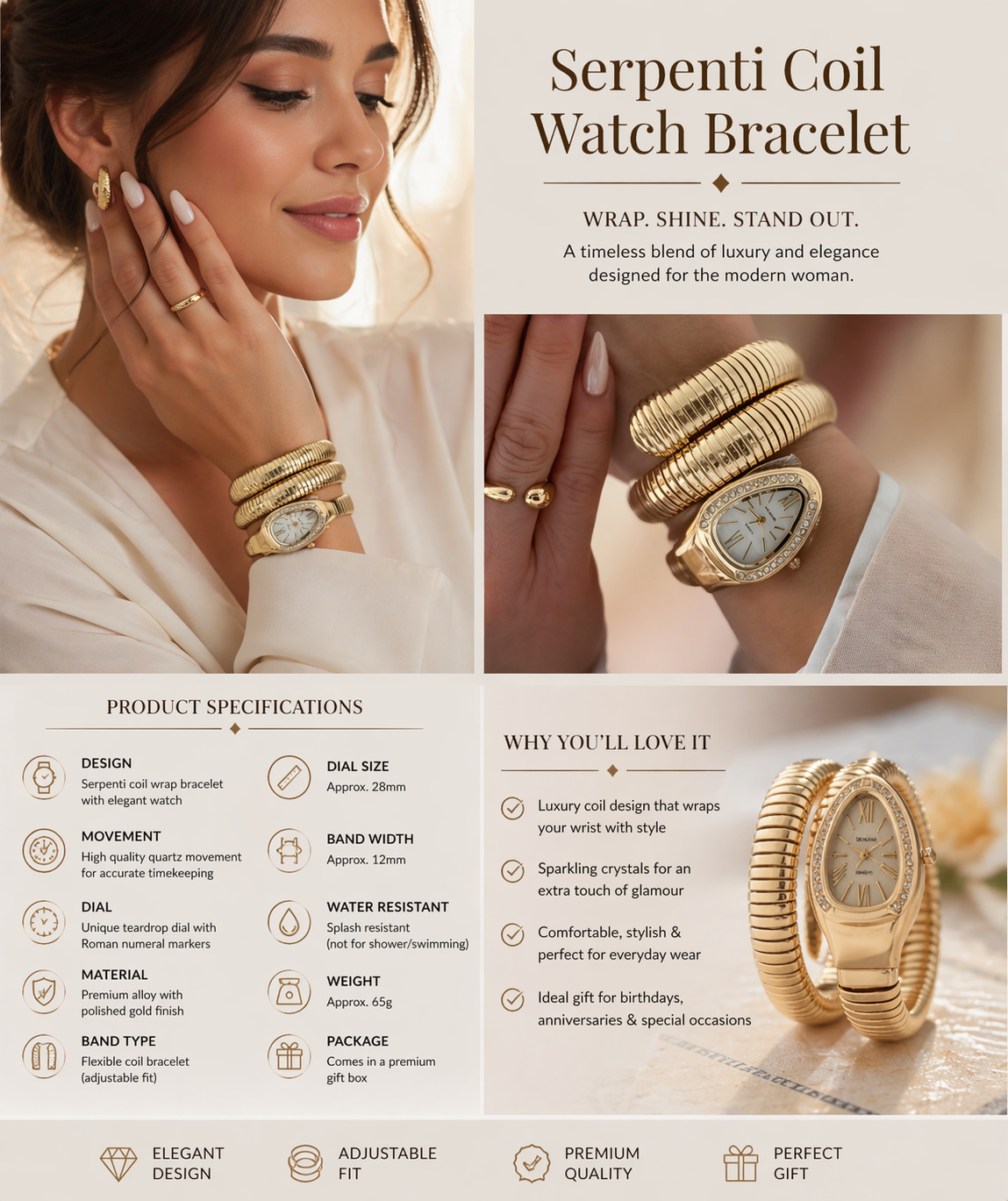 Gold Serpenti Coil Watch Bracelet for Women | Adjustable Wrap Around Bracelet Watch