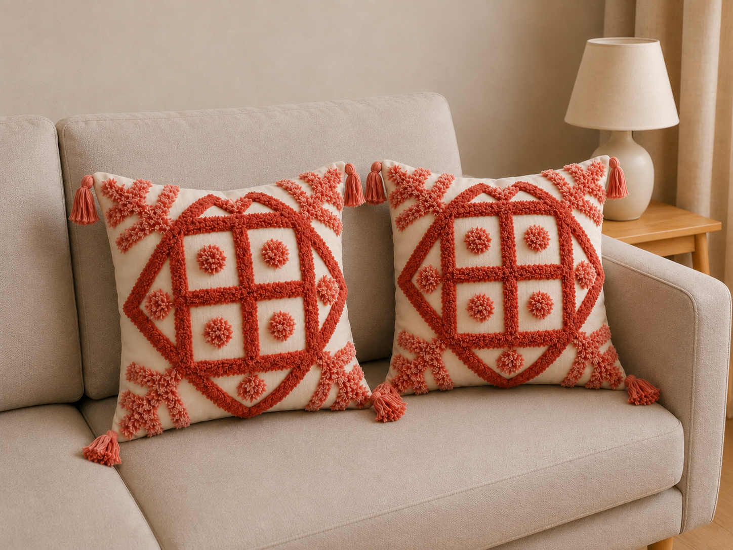 Tufted Cotton Cushion Cover 16x16 Inches Set Of 2 – Pink | Soft Decorative Sofa Pillow Cover with Hidden Zipper