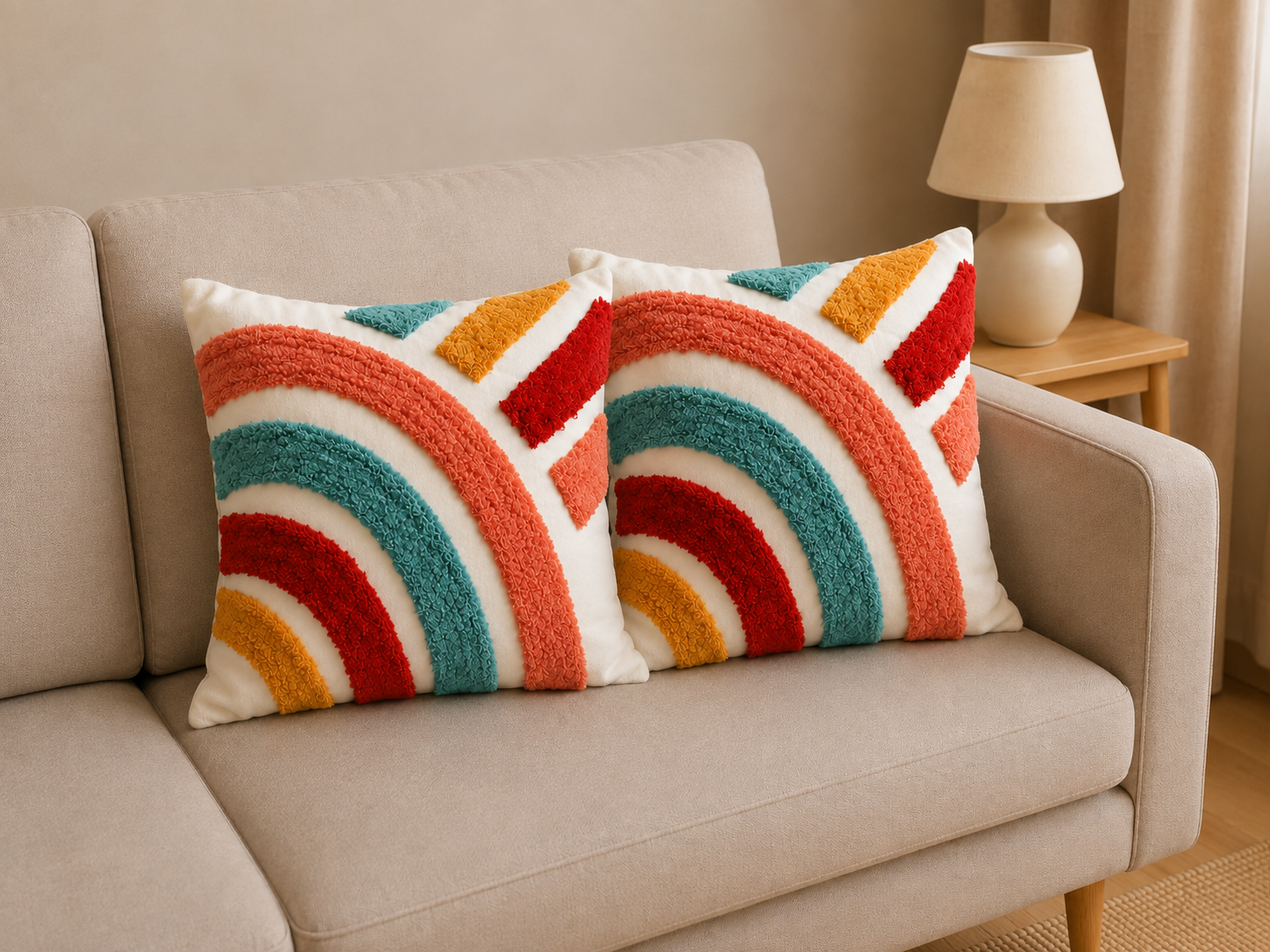Tufted Cotton Cushion Cover 16x16 Inches Set Of 2 – Multicolor | Soft Decorative Sofa Pillow Cover with Hidden Zipper