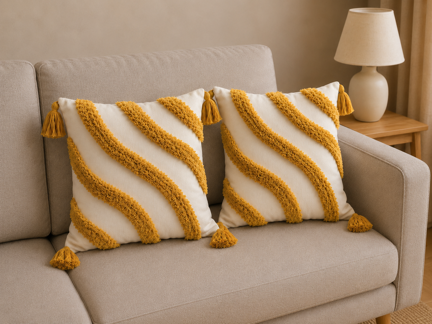 Tufted Cotton Cushion Cover 16x16 Inches Set Of 2 – Yellow (Design 2) | Soft Decorative Sofa Pillow Cover with Hidden Zipper