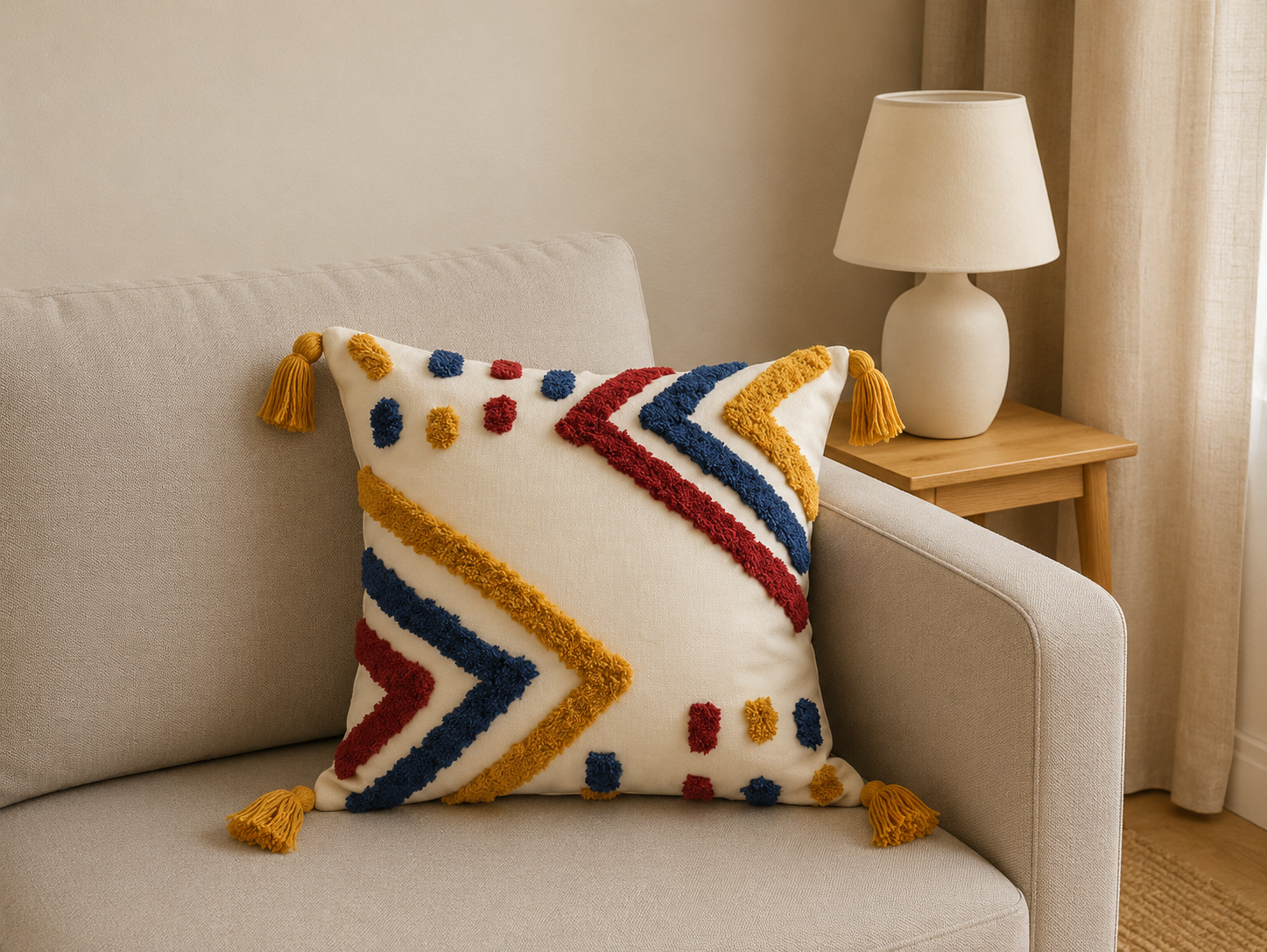 Tufted Cotton Cushion Cover 16x16 Inches Set Of 2 – Multicolor (Design 2) | Soft Decorative Sofa Pillow Cover with Hidden Zipper