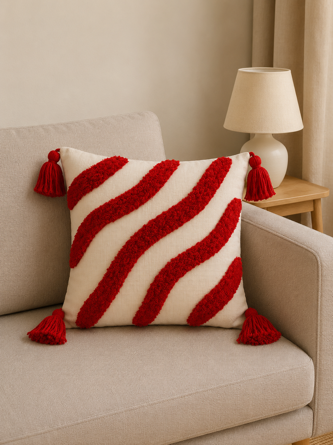 Tufted Cotton Cushion Cover 16x16 Inches Set Of 2 – Red | Soft Decorative Sofa Pillow Cover with Hidden Zipper