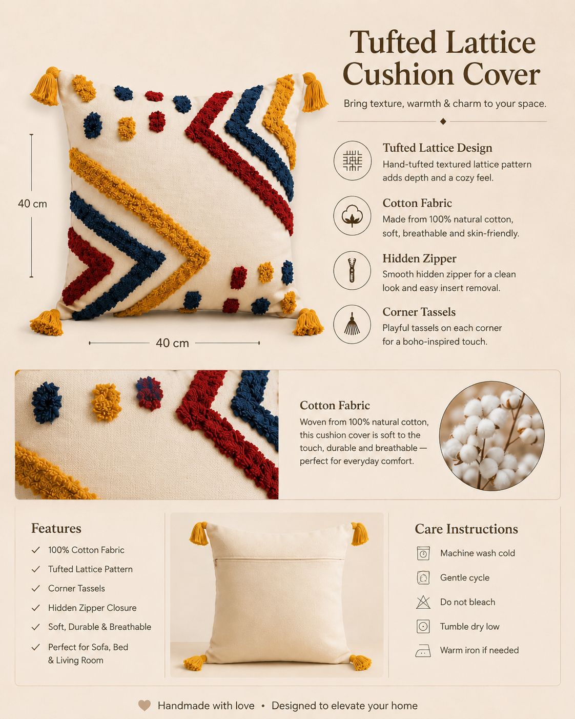 Tufted Cotton Cushion Cover 16x16 Inches Set Of 2 – Multicolor (Design 2) | Soft Decorative Sofa Pillow Cover with Hidden Zipper