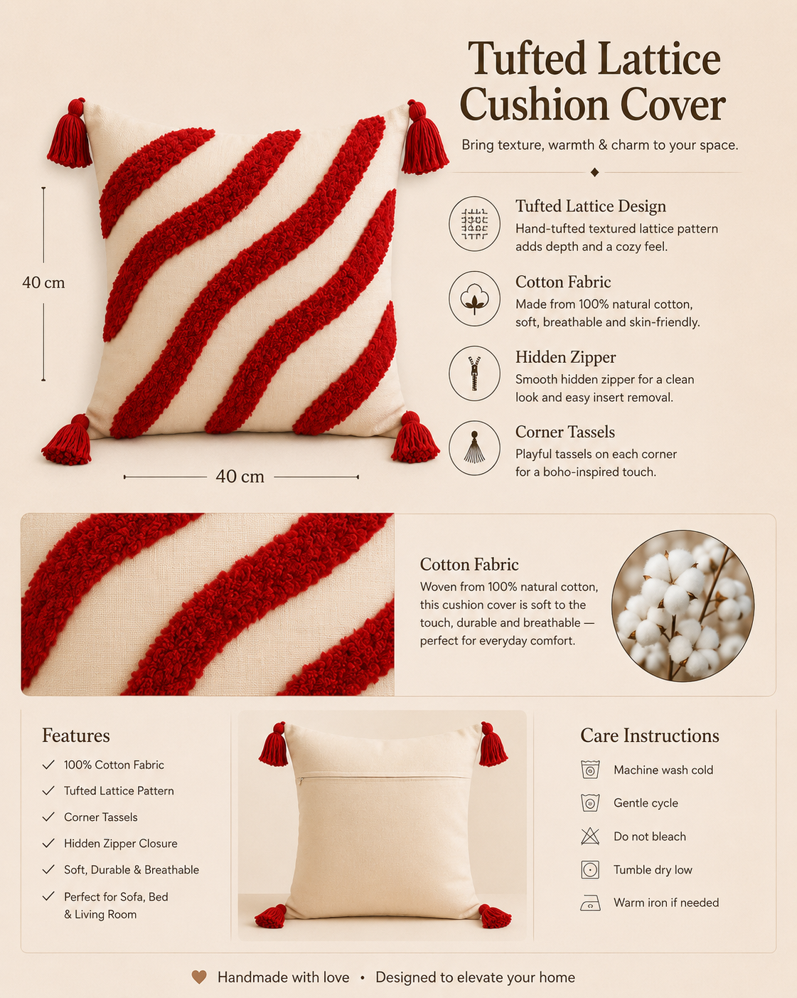 Tufted Cotton Cushion Cover 16x16 Inches Set Of 2 – Red | Soft Decorative Sofa Pillow Cover with Hidden Zipper