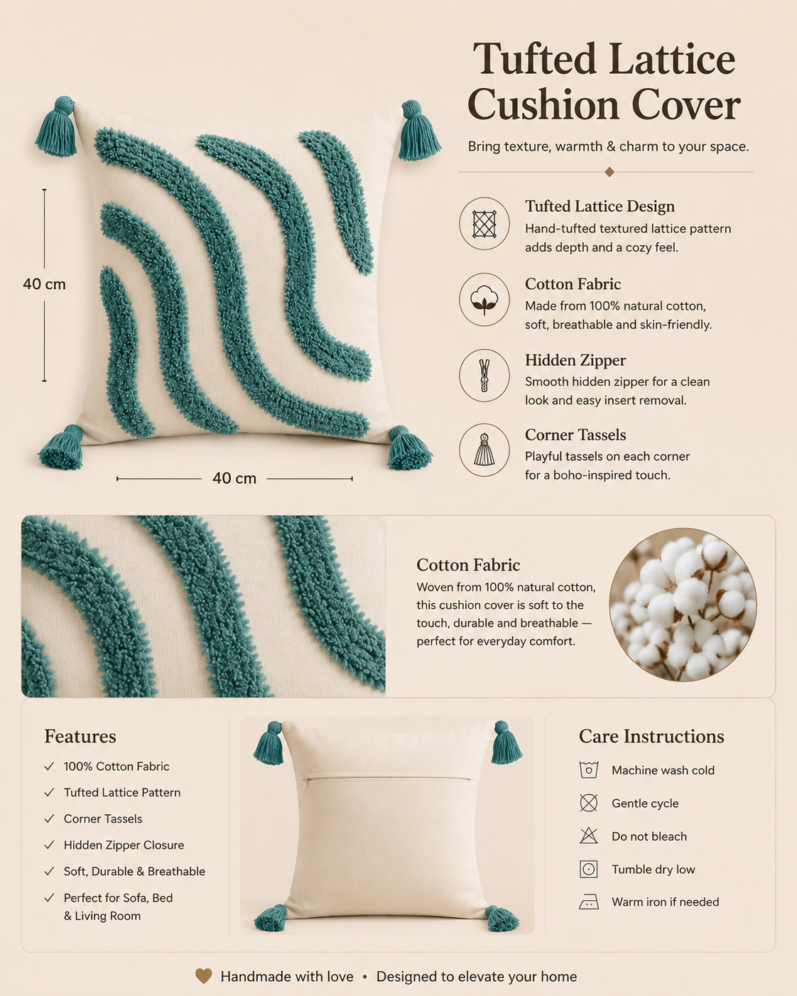 Tufted Cotton Cushion Cover 16x16 Inches Set Of 2 – Blue | Soft Decorative Sofa Pillow Cover with Hidden Zipper