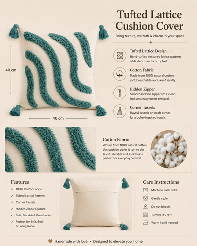 Tufted Cotton Cushion Cover 16x16 Inches Set Of 2 – Blue | Soft Decorative Sofa Pillow Cover with Hidden Zipper