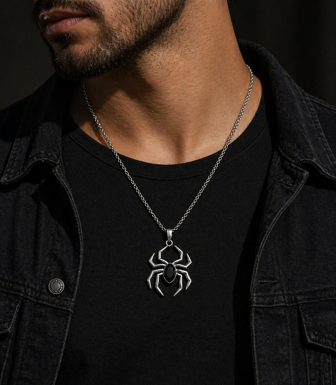 Spider Pendant Necklace for Men | Stainless Steel Chain with Black Stone | Anti-Tarnish, Hypoallergenic, Gothic Style Jewelry for Boys & Men