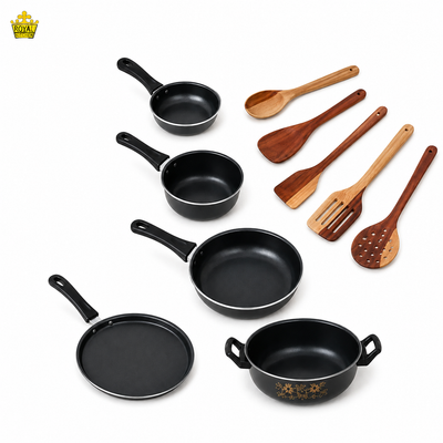 MY STORE Seasoned 10-Piece Non-Stick Iron Cookware Set – Tawa | Kadhai | Fry Pan | Sauce Pan | Tadka Pan with Wooden Spatulas – Professional Kitchenware for Home, Outdoor Camping