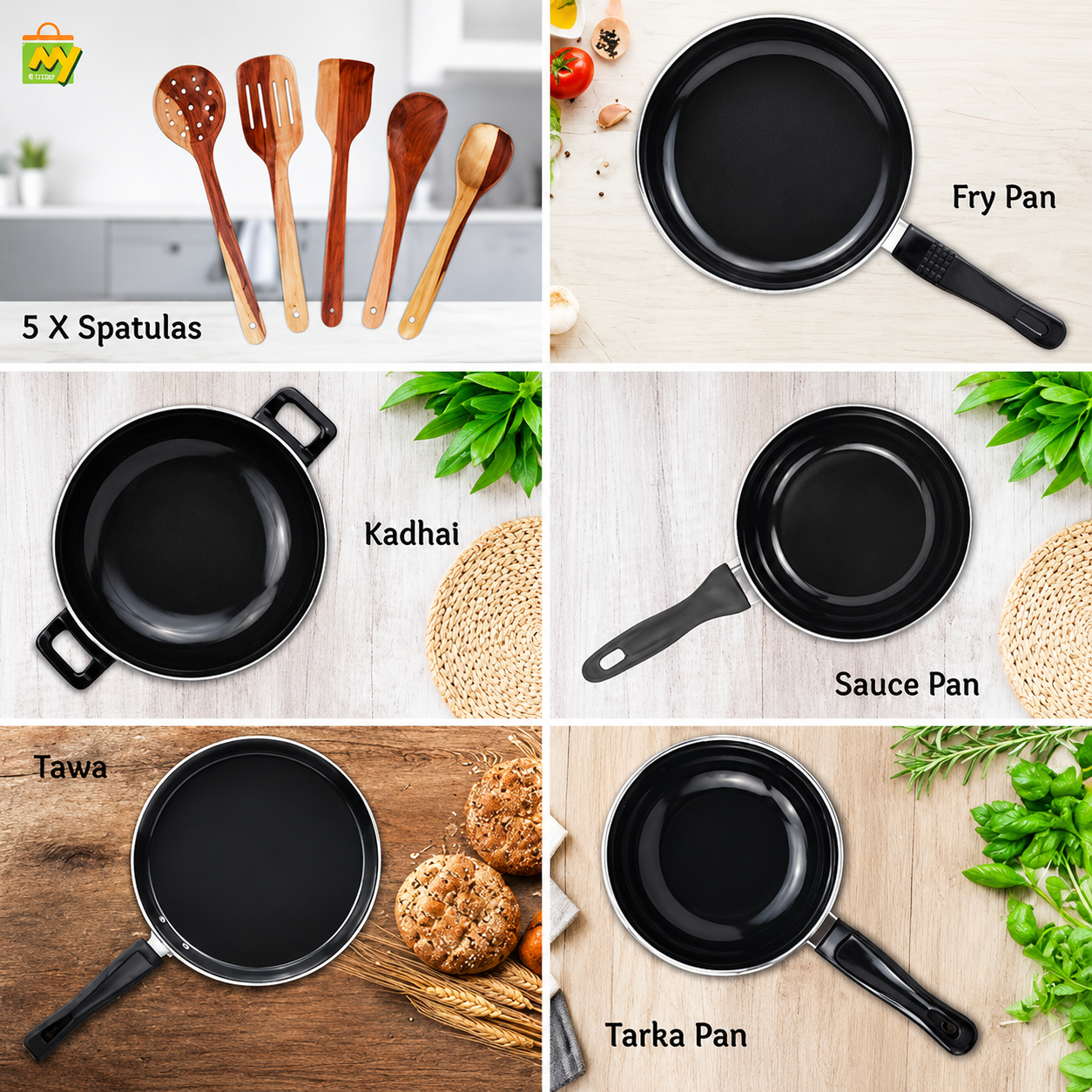 MY STORE Seasoned 10-Piece Non-Stick Iron Cookware Set – Tawa | Kadhai | Fry Pan | Sauce Pan | Tadka Pan with Wooden Spatulas – Professional Kitchenware for Home, Outdoor Camping