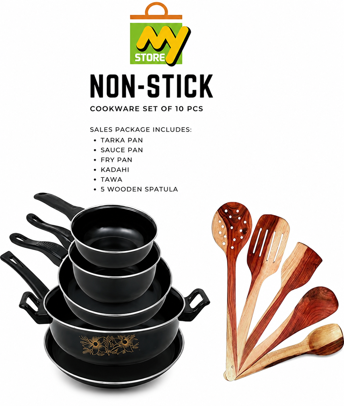 MY STORE Seasoned 10-Piece Non-Stick Iron Cookware Set – Tawa | Kadhai | Fry Pan | Sauce Pan | Tadka Pan with Wooden Spatulas – Professional Kitchenware for Home, Outdoor Camping