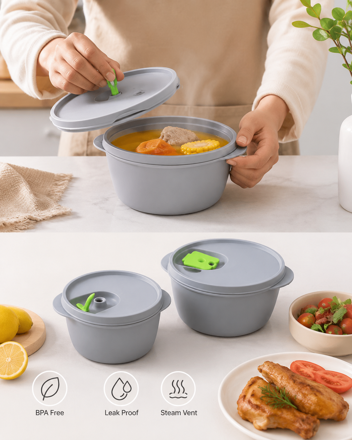 GOODLIFE Microwave Safe Plastic Bowl 1900ml and 900ml, Set of 2, Grey pack of (1)