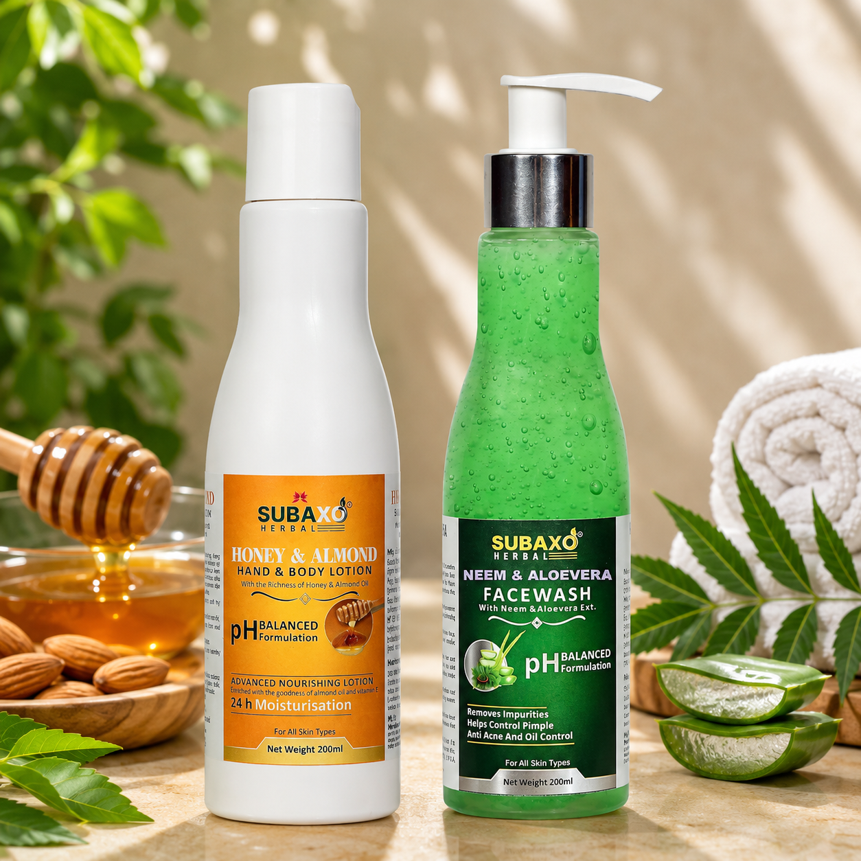 SUBAXO Honey & Almond Hand & Body Moisturizing Lotion (200 ml) and Neem AloeVera Face Wash (200ml) Combo