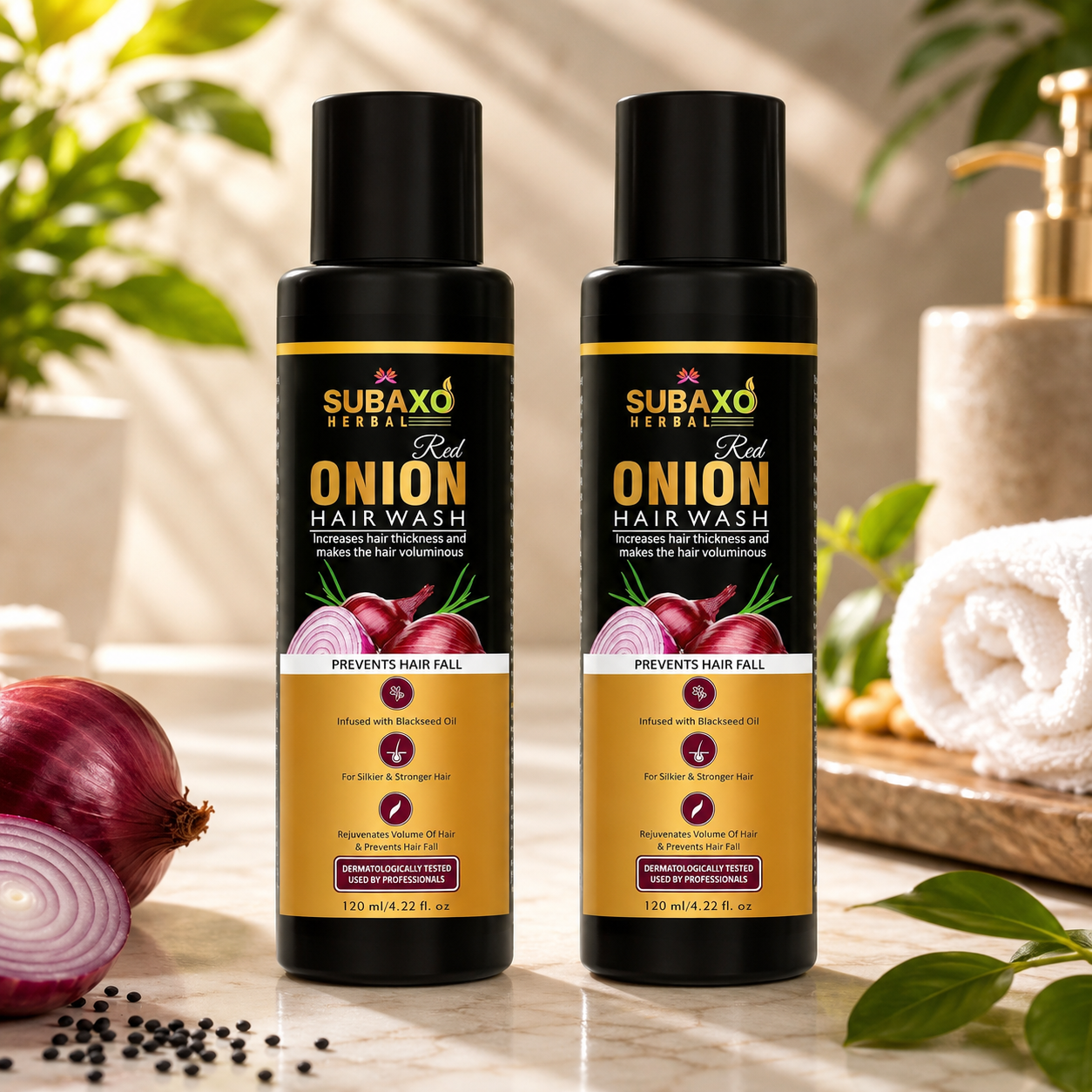 SUBAXO Red Onion Shampoo, Hair Wash, Prevents Hair Fall, Makes Hair Silkier & Stronger (120ml x 2, Pack of 2)