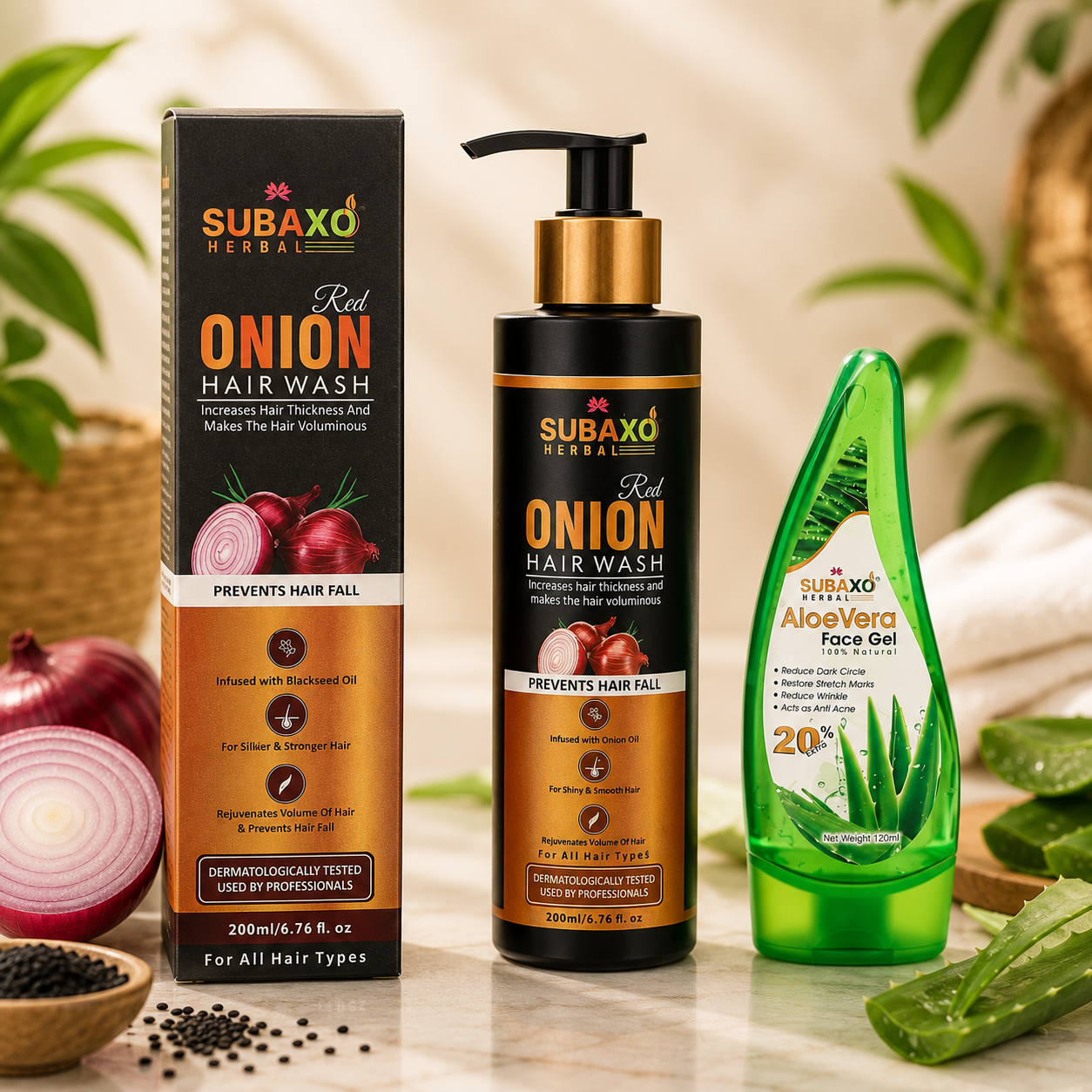 SUBAXO Red Onion Herbal Hair Wash (200ml) & Aloe Vera Herbal Face Gel (120ml) Combo