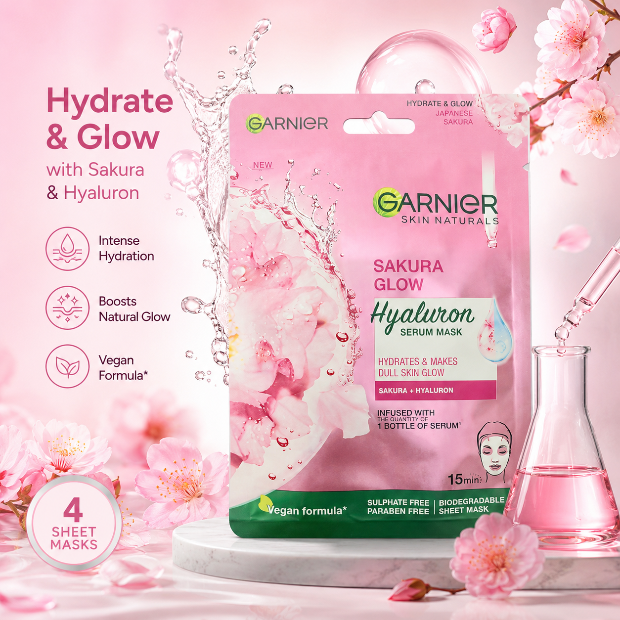 Garnier Sakura Glow Serum Mask, 28 gm each (Pack of 4)