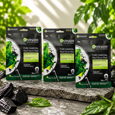 GARNIER Skin Naturals, Charcoal, Face Serum Sheet Mask, Purifying and Hydrating each 28 g (Pack of 4)