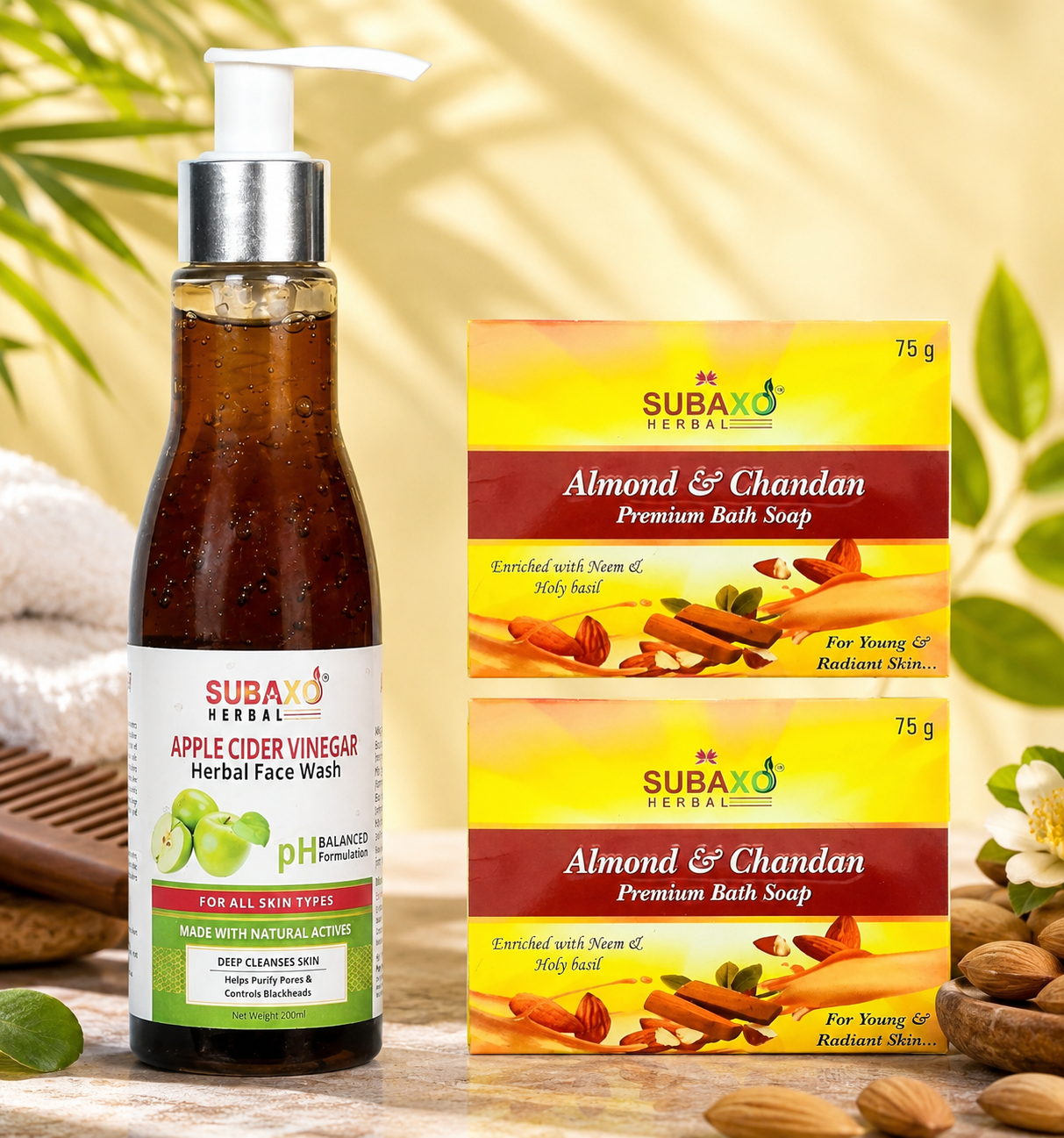 Subaxo Almond & Chandan Beauty Bath Soap (75 g Each, Pack Of 2) & Apple Cider Vinegar Deep Cleansing Skin Glowing Face Wash(200ml)