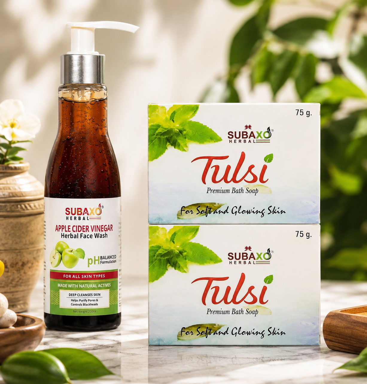 SUBAXO Apple Cider Vinegar Face Wash|Herbal Face Wash| Skin Glowing Face Wash| (200 ml) & Tulsi Soap, Ayurvedic Bath Soap (100 g Each, Pack Of 2)- Combo Pack