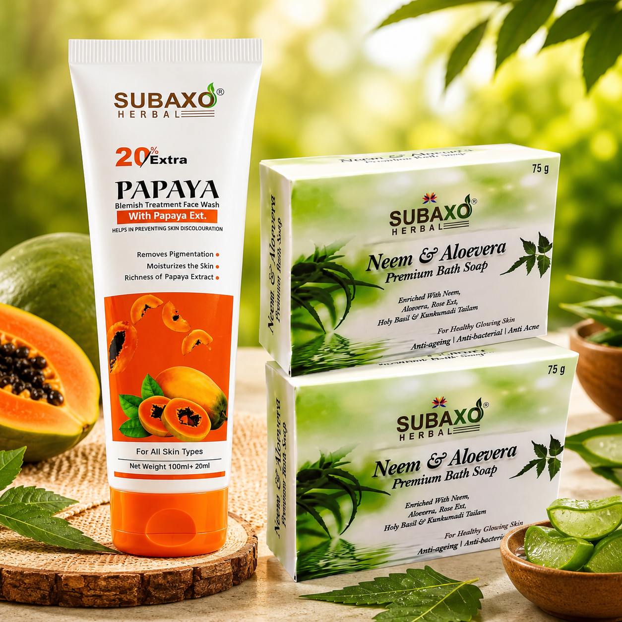 Subaxo Neem & Aloevera Ayurvedic Bath Soap (75 g Each, Pack Of 2) & Papaya Herbal Face Wash (120ml,Combo)