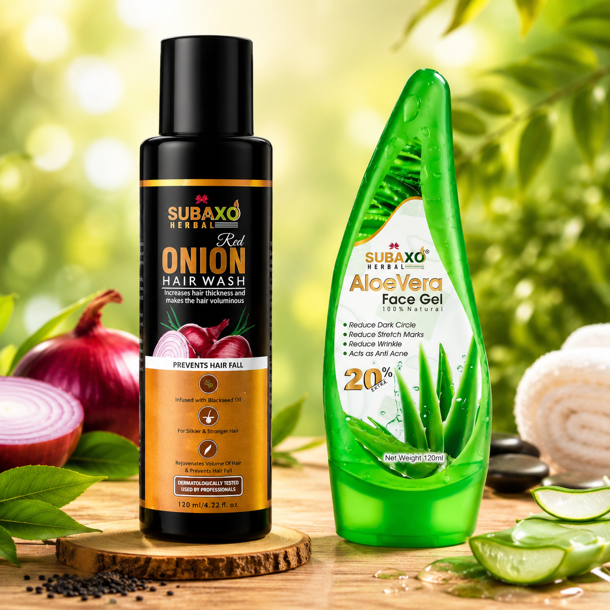 SUBAXO Red Onion Herbal Hair Wash (120ml) & Aloe Vera Herbal Face Gel (120ml) Combo