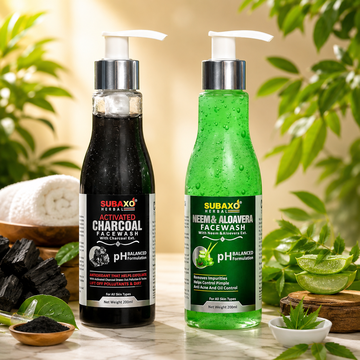 SUBAXO Neem & Aloe Face Wash (200 ml) + Activated Charcoal Face Wash Combo (200 ml)