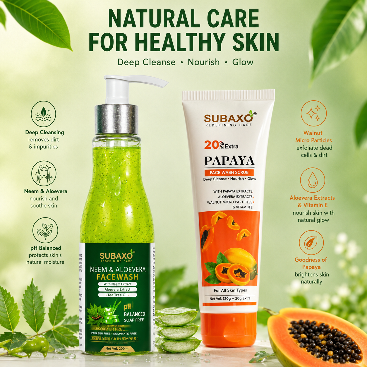 SUBAXO Neem Aloe Vera Face Wash & Papaya Face Wash Combo (200ml & 120ml)